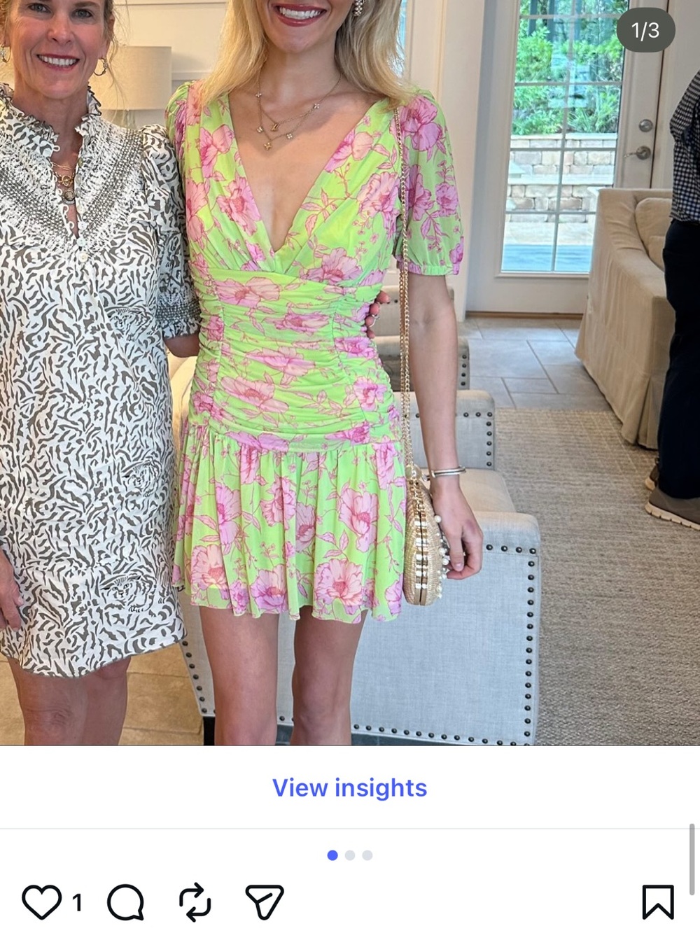 ASOS Lime Green and Pink Floral V-Neck Ruched Mini Dress